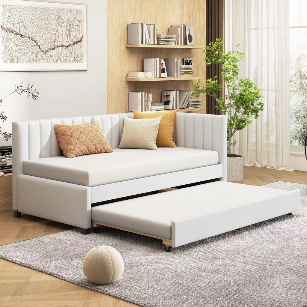 Upholstered Daybed with Trundle Linen Fabric Beige Twin A875075