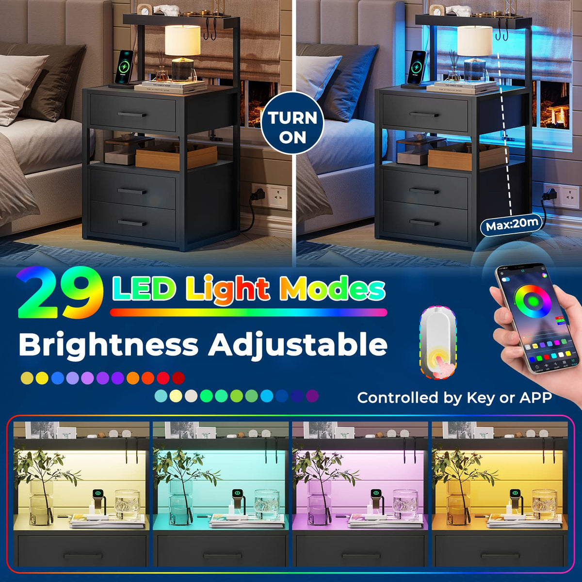 Black Nightstand with Charging Station and LED Lights, 3 Drawers H55703