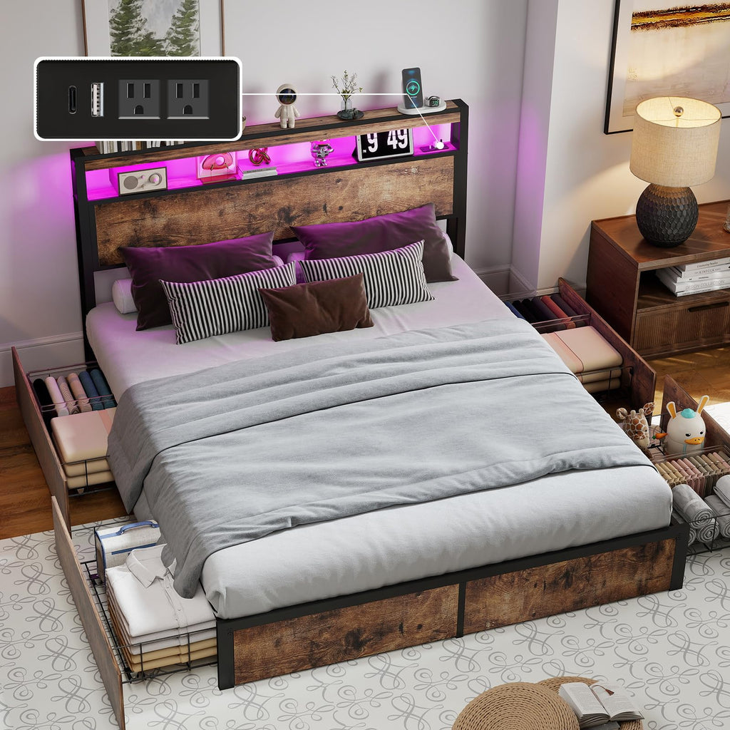 Queen Size Bed Frame with LED Light Headboard and 4 Storage Drawers Q161162
