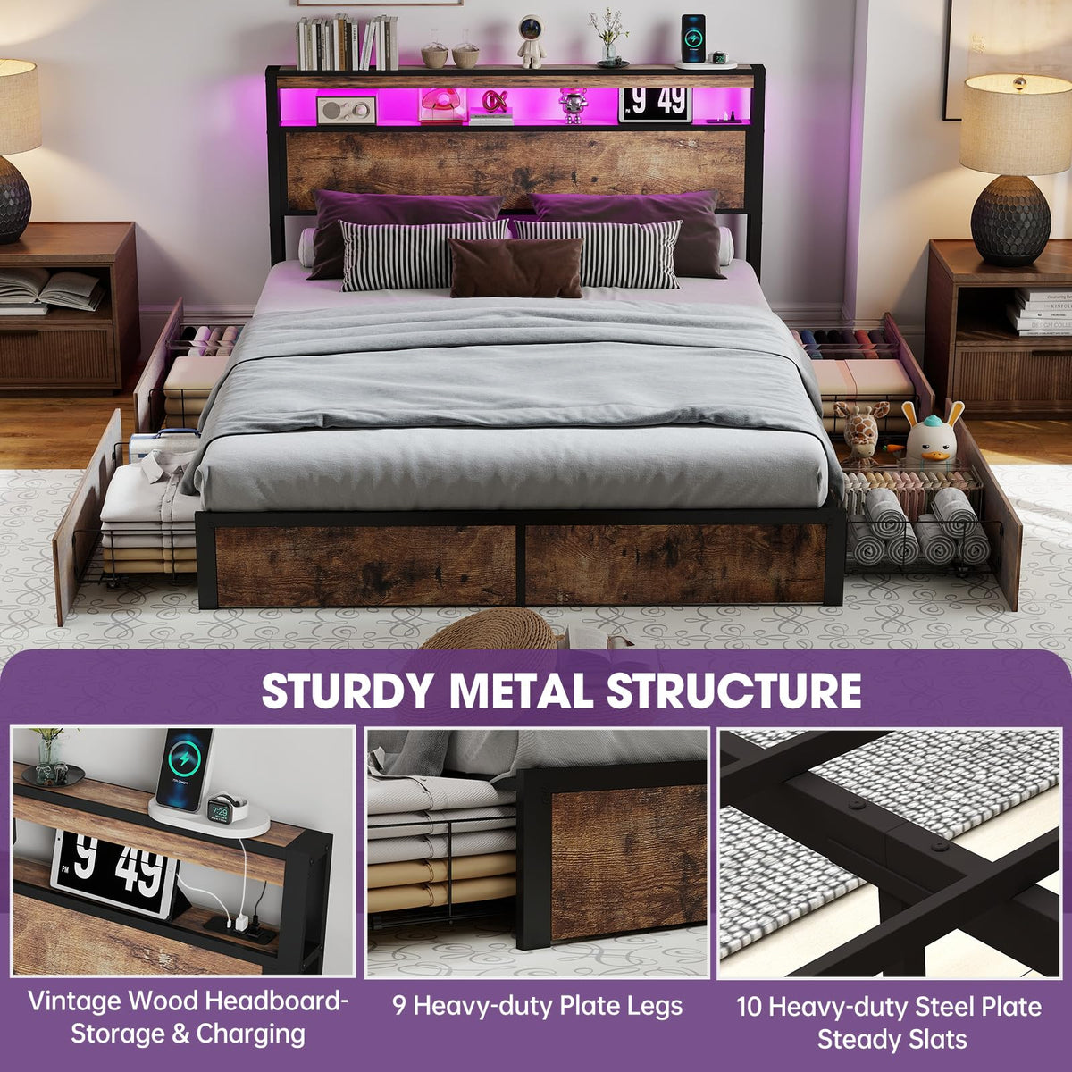 Queen Size Bed Frame with LED Light Headboard and 4 Storage Drawers Q161162
