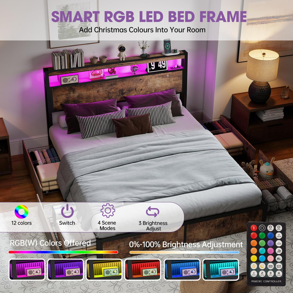 Queen Size Bed Frame with LED Light Headboard and 4 Storage Drawers Q161162
