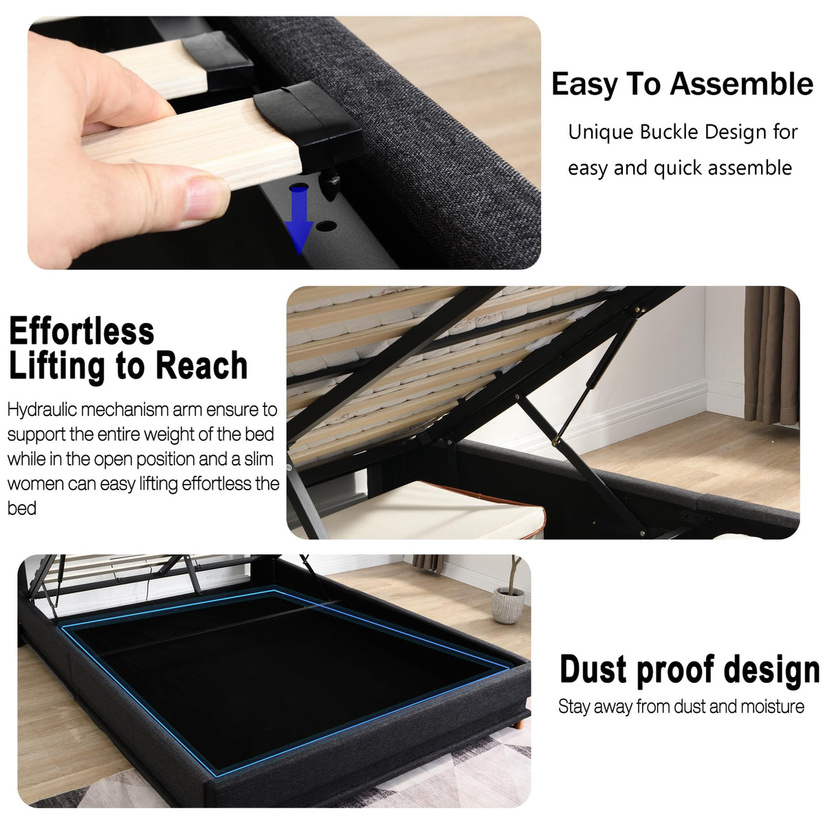 Queen Size Black Upholstered Lift Up Storage Bed Frame T430