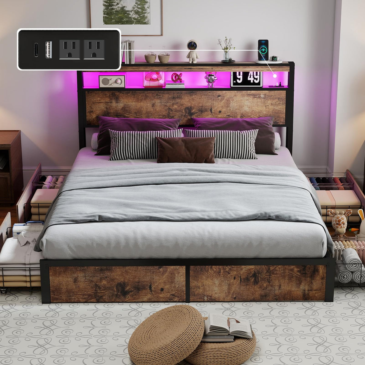 Queen Size Bed Frame with LED Light Headboard and 4 Storage Drawers Q161162