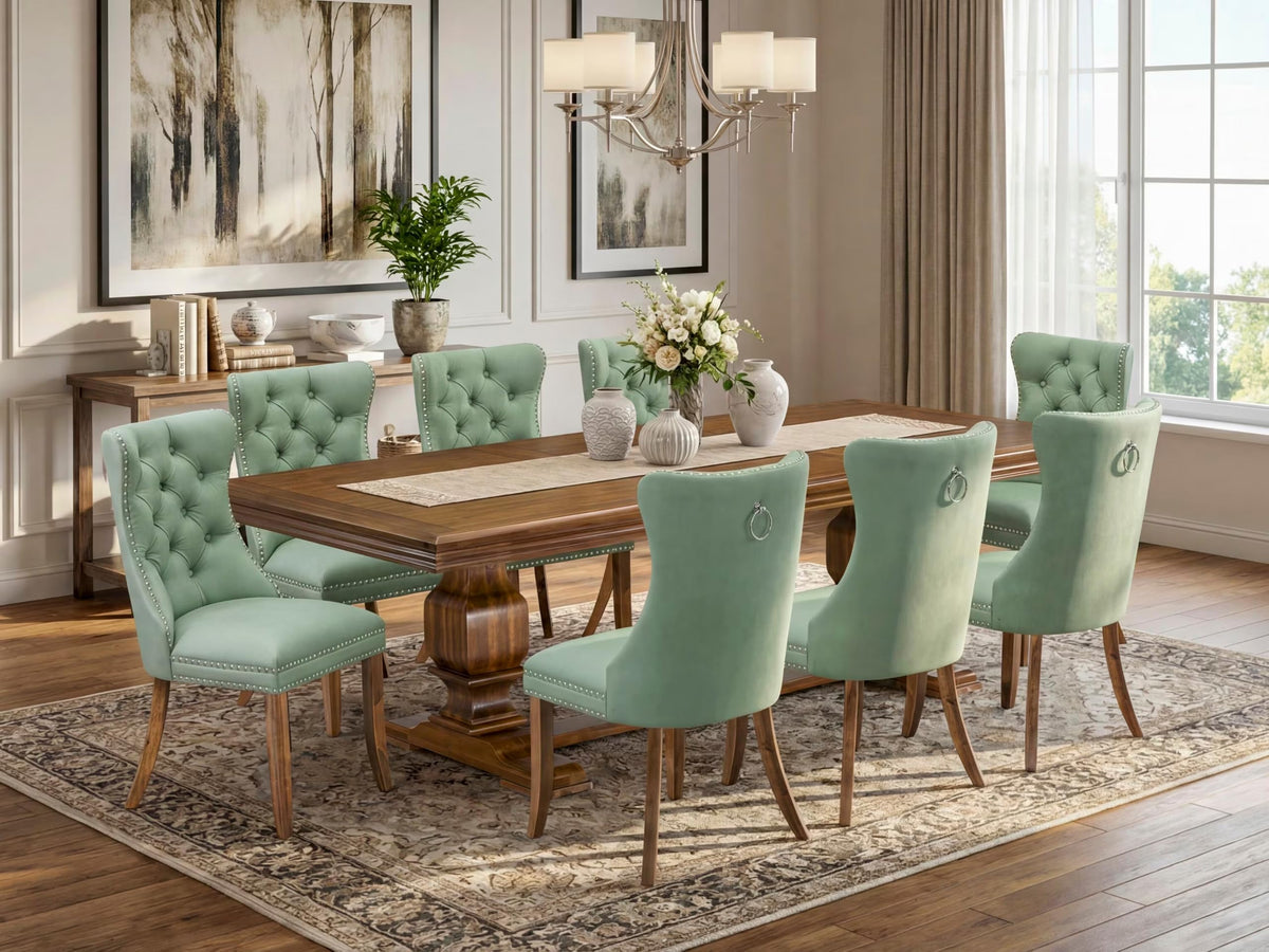 9 Piece Mid-century Dining Table Set with 8 Willow Green Polyester Chairs U59977