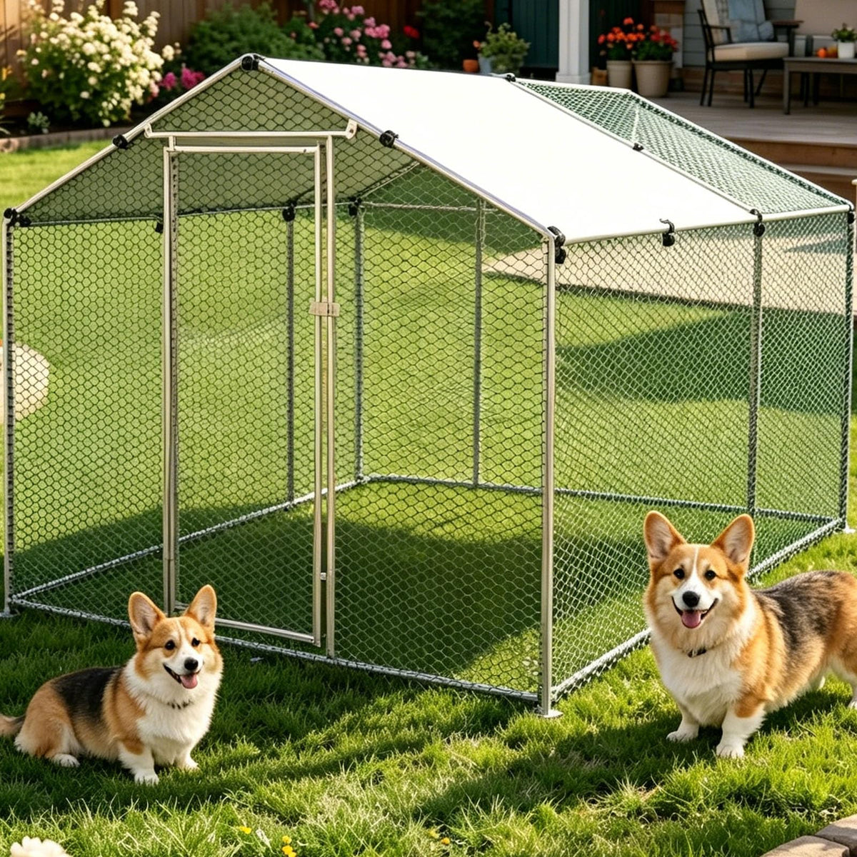 Large Outdoor Dog Kennel Heavy Duty Metal Dog Run with Weatherproof Cover O1328