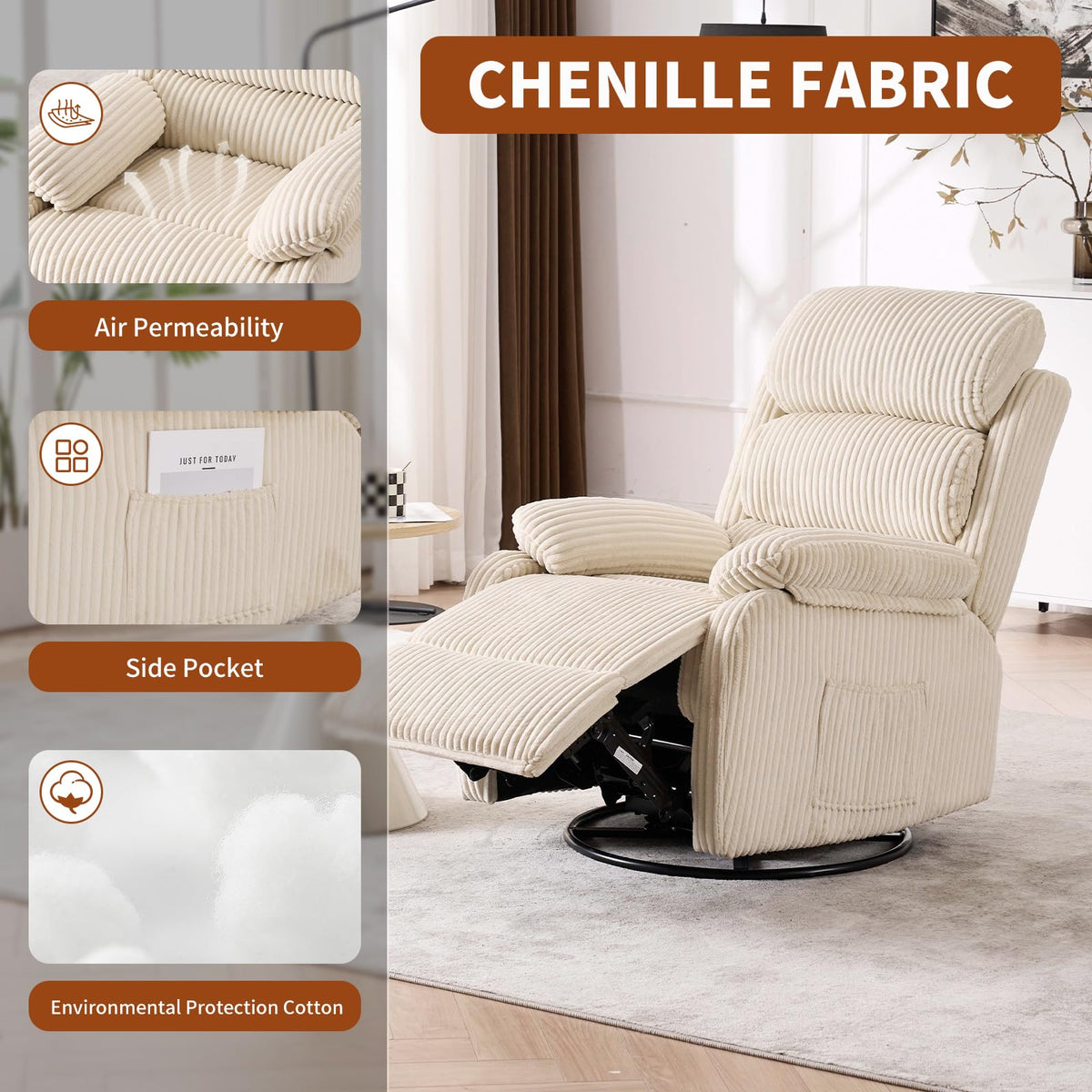 Beige Velvet Rocking Recliner Chair with Side Pocket H881018