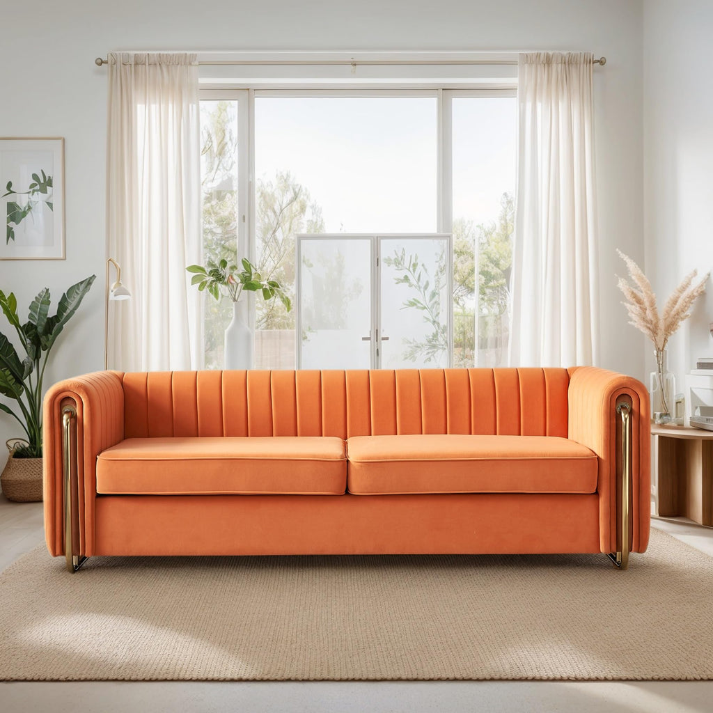 Orange Velvet 3-Seater Sofa with Rolled Arms B559