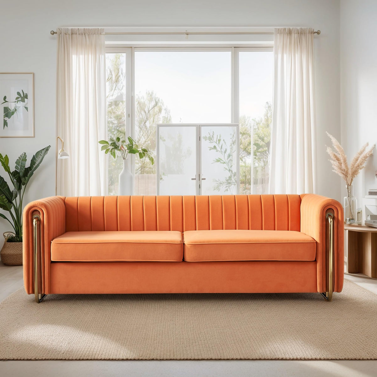 Orange Velvet 3-Seater Sofa with Rolled Arms B559