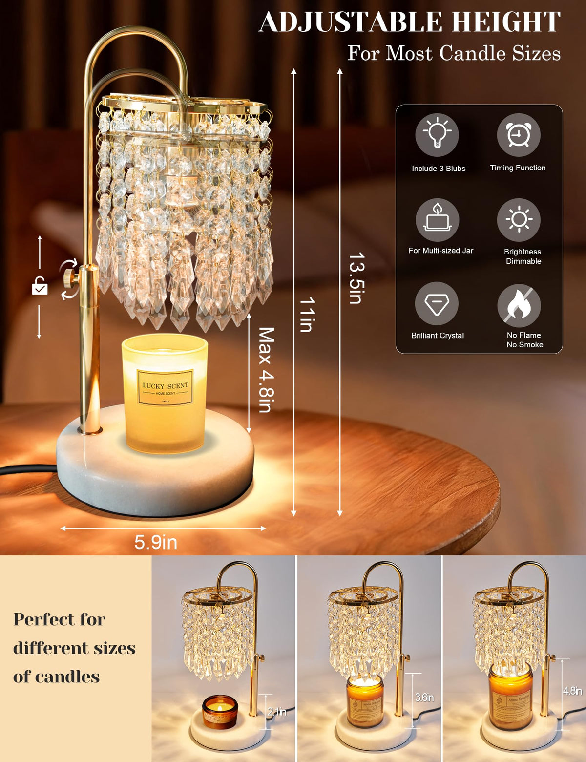 Candle Warmer Lamp with Timer Dimmable Adjustable Height Gold A746879
