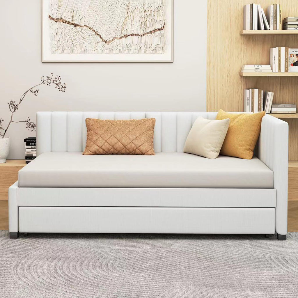 Upholstered Daybed with Trundle Linen Fabric Beige Twin A875075