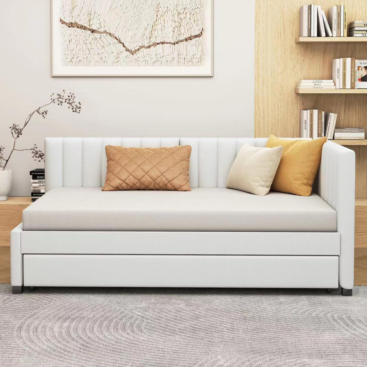 Upholstered Daybed with Trundle Linen Fabric Beige Twin A875075