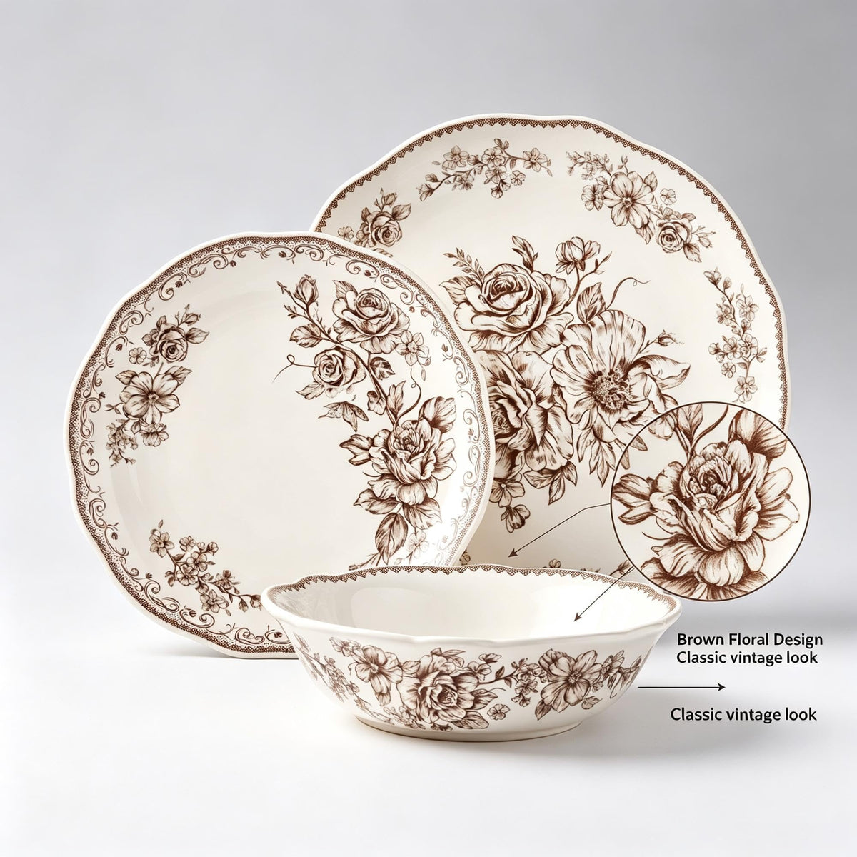 12 Piece Green Floral Stoneware Dinnerware Set X3680
