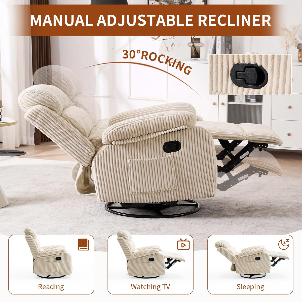 Beige Velvet Rocking Recliner Chair with Side Pocket H881018