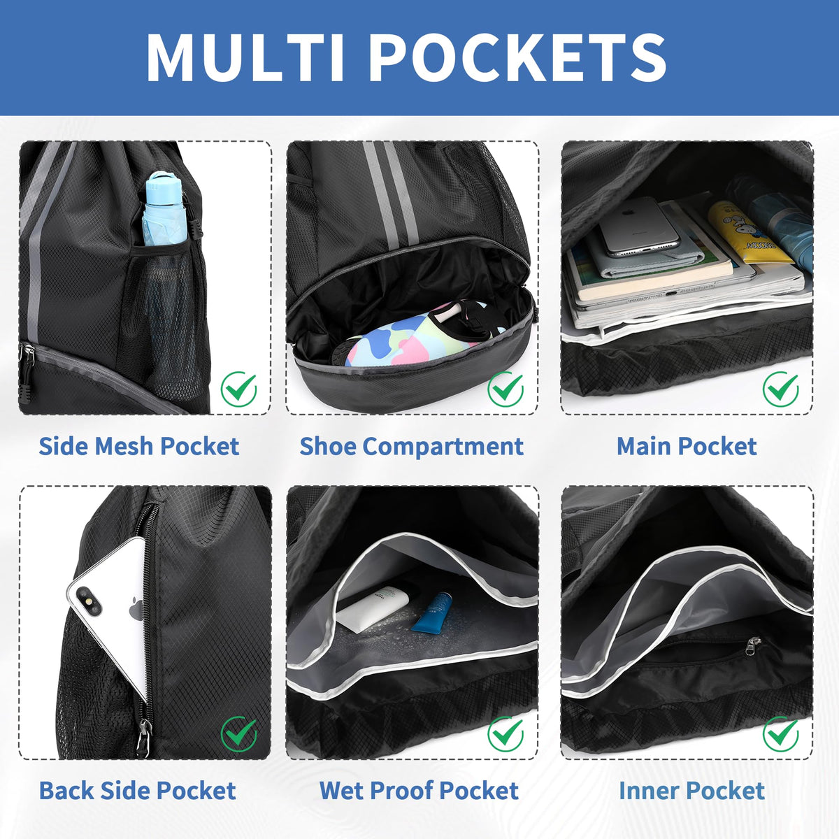 Drawstring Backpack Gym Bag with Shoes Compartment O576396
