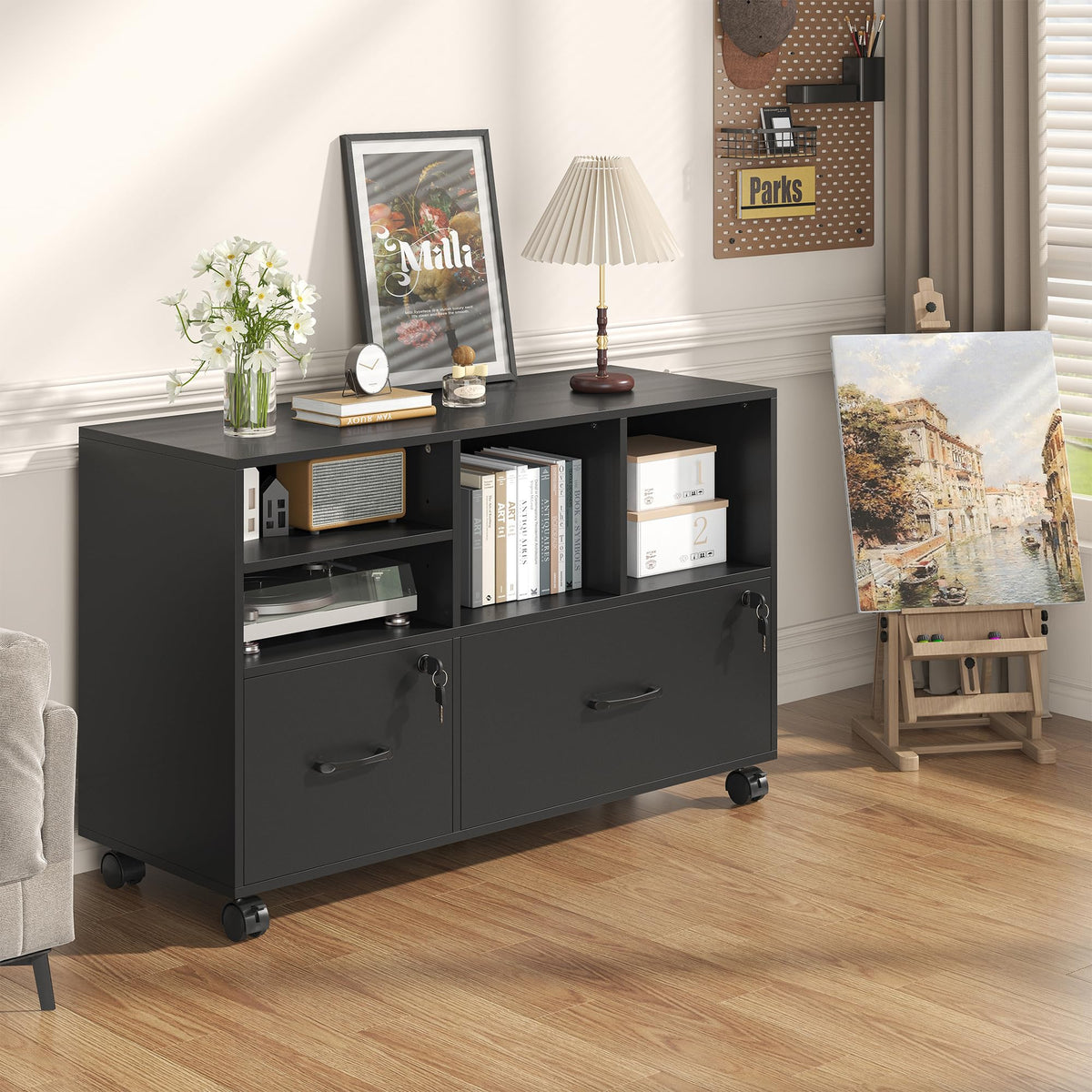 2 Drawer Wood Mobile Lateral File Cabinet with Storage Shelves, Black W359