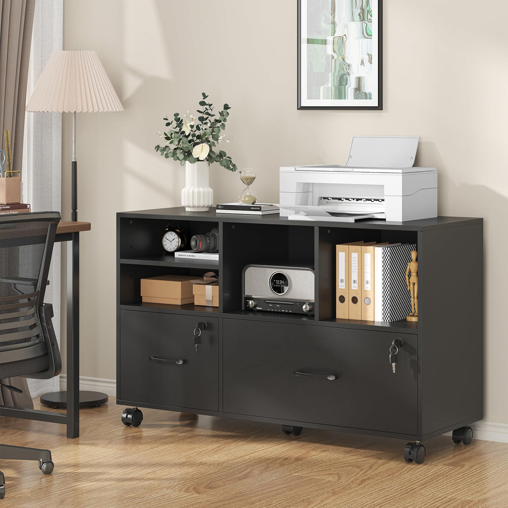 2 Drawer Wood Mobile Lateral File Cabinet with Storage Shelves, Black W359