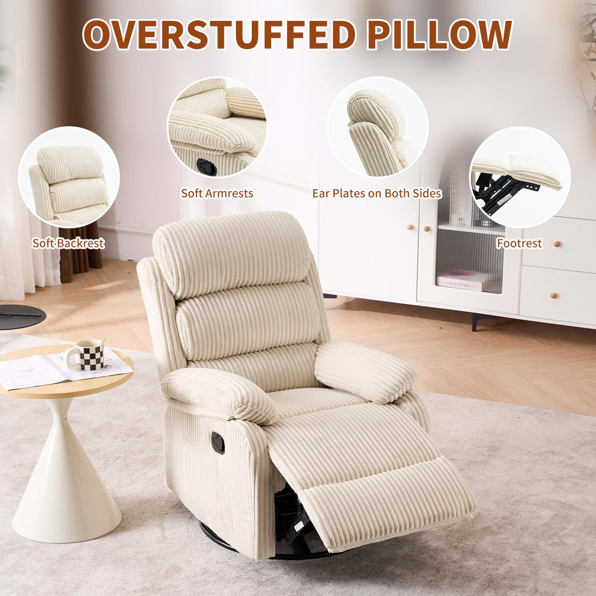 Beige Velvet Rocking Recliner Chair with Side Pocket H881018