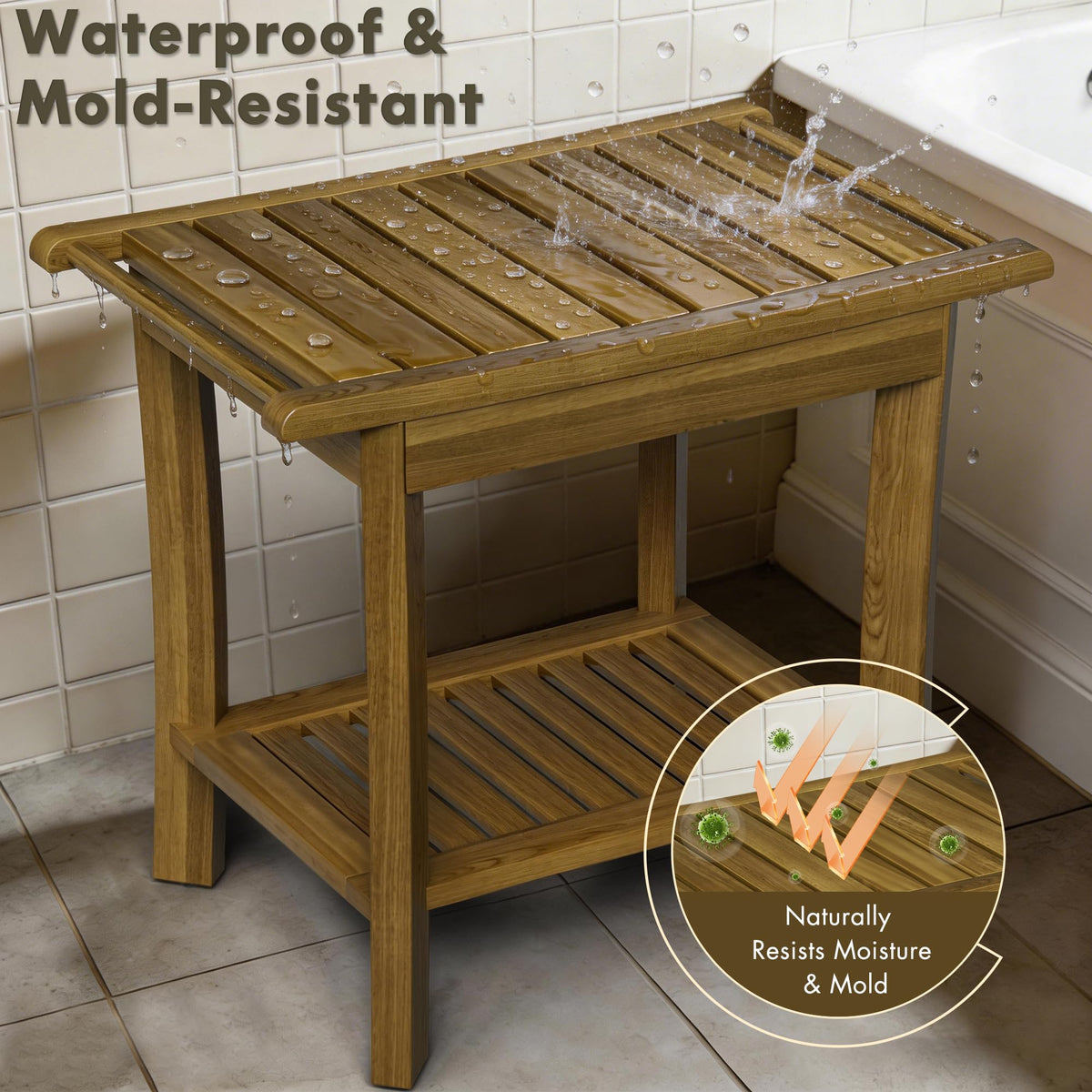 Teak Wood Shower Bench with Shelf & Arms S62877