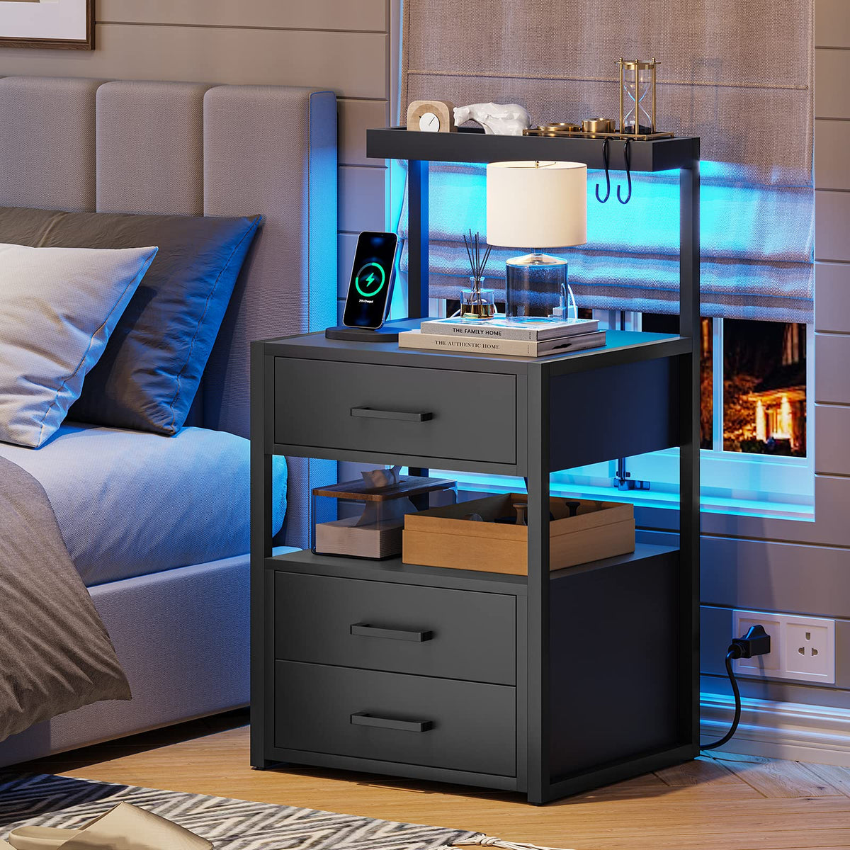 Black Nightstand with Charging Station and LED Lights, 3 Drawers H55703