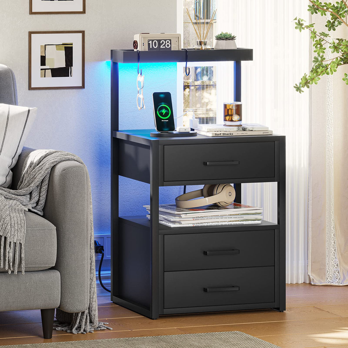 Black Nightstand with Charging Station and LED Lights, 3 Drawers H55703