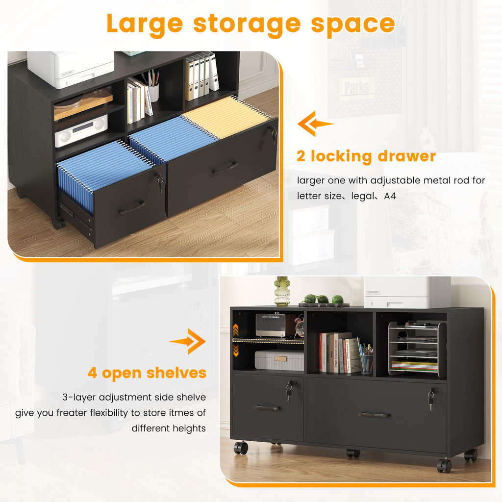 2 Drawer Wood Mobile Lateral File Cabinet with Storage Shelves, Black W359