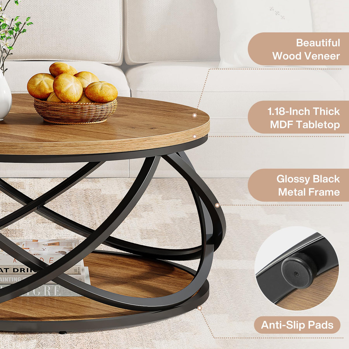 2-Tier Round Coffee Table with Storage Shelf D64084