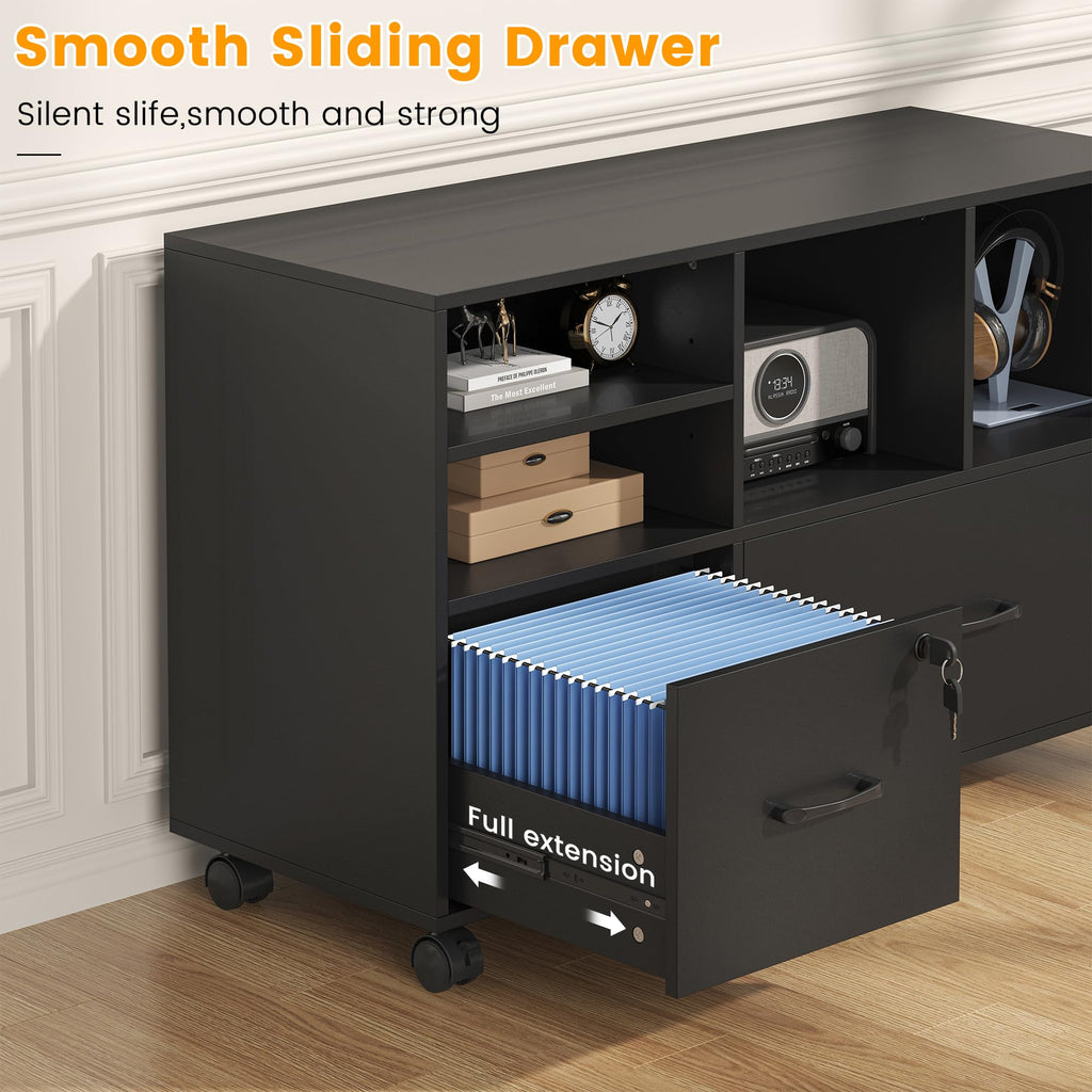 2 Drawer Wood Mobile Lateral File Cabinet with Storage Shelves, Black W359