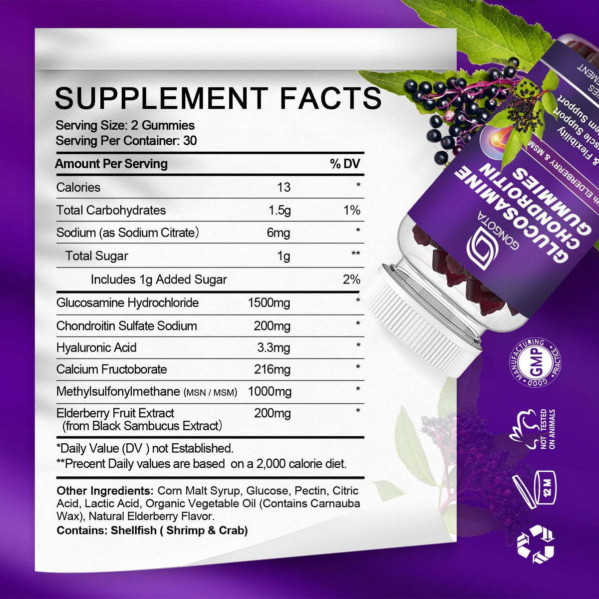 Glucosamine Chondroitin Gummies 1500mg with MSM & Elderberry 60 Gummies S37792