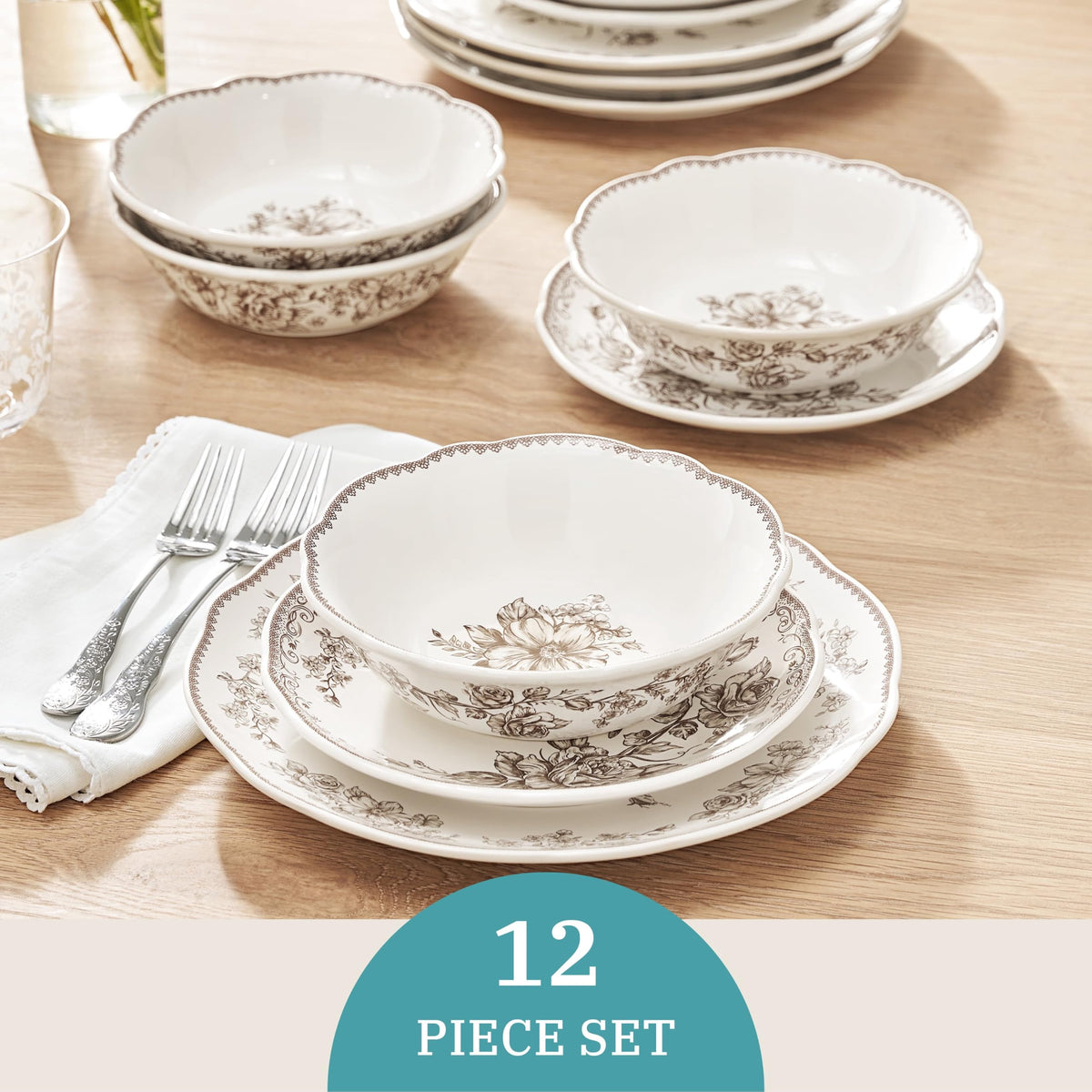 12 Piece Green Floral Stoneware Dinnerware Set X3680