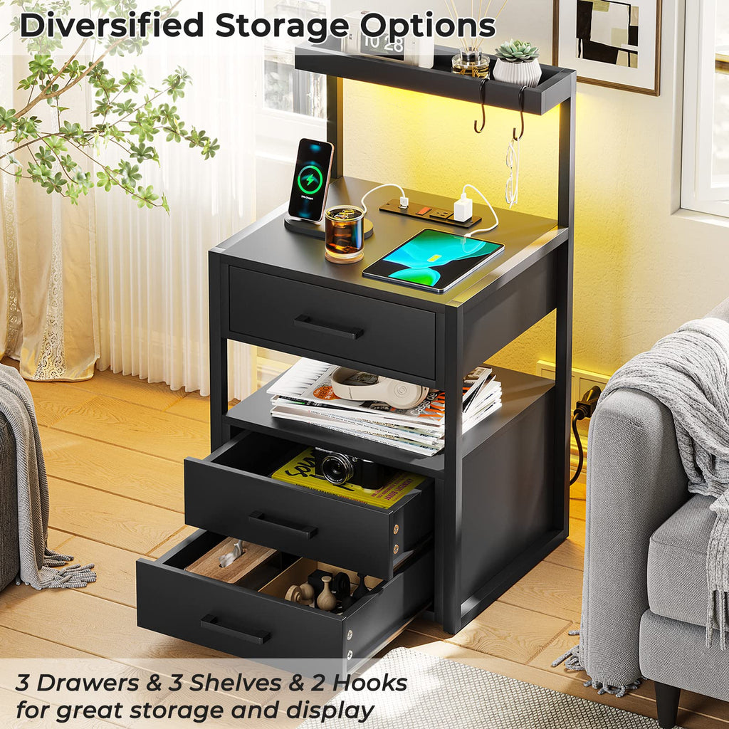 Black Nightstand with Charging Station and LED Lights, 3 Drawers H55703