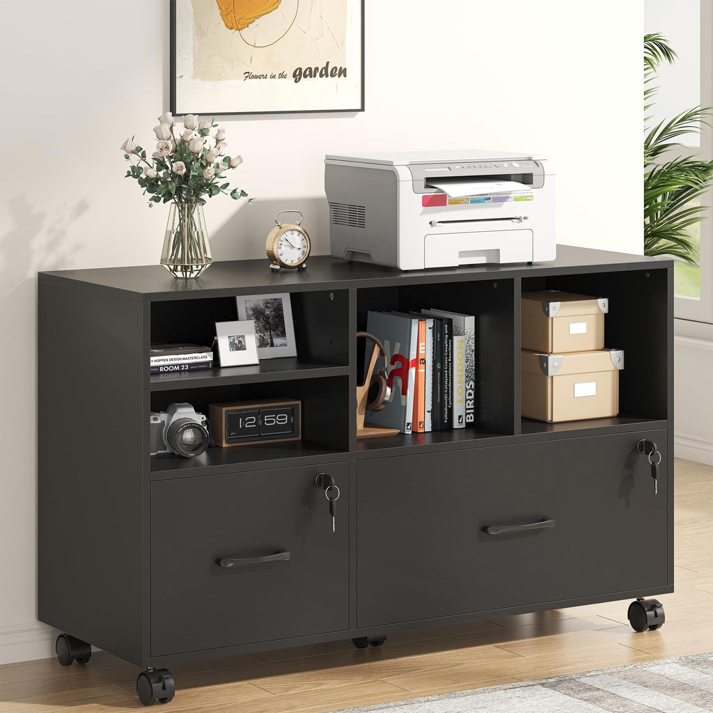 2 Drawer Wood Mobile Lateral File Cabinet with Storage Shelves, Black W359