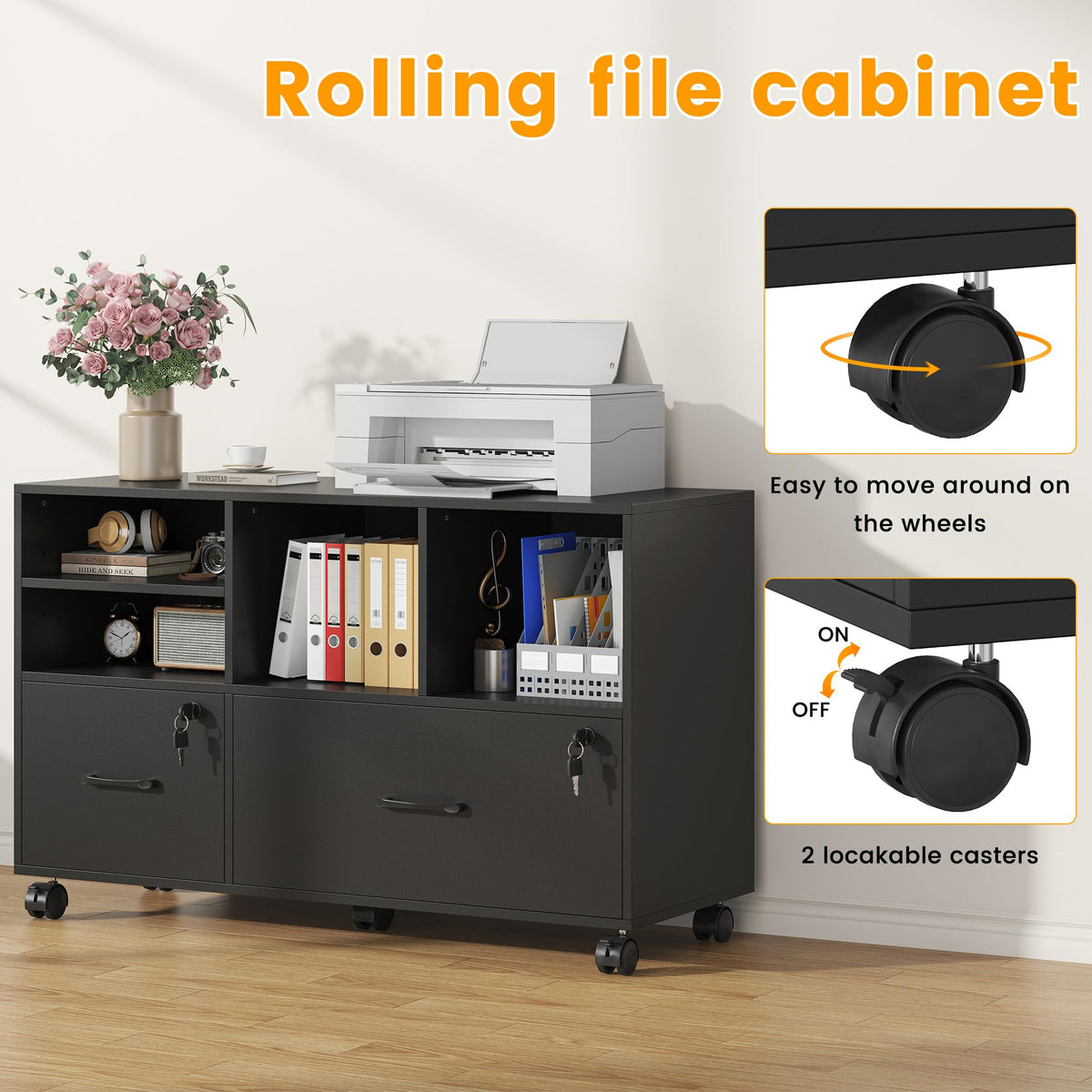 2 Drawer Wood Mobile Lateral File Cabinet with Storage Shelves, Black W359
