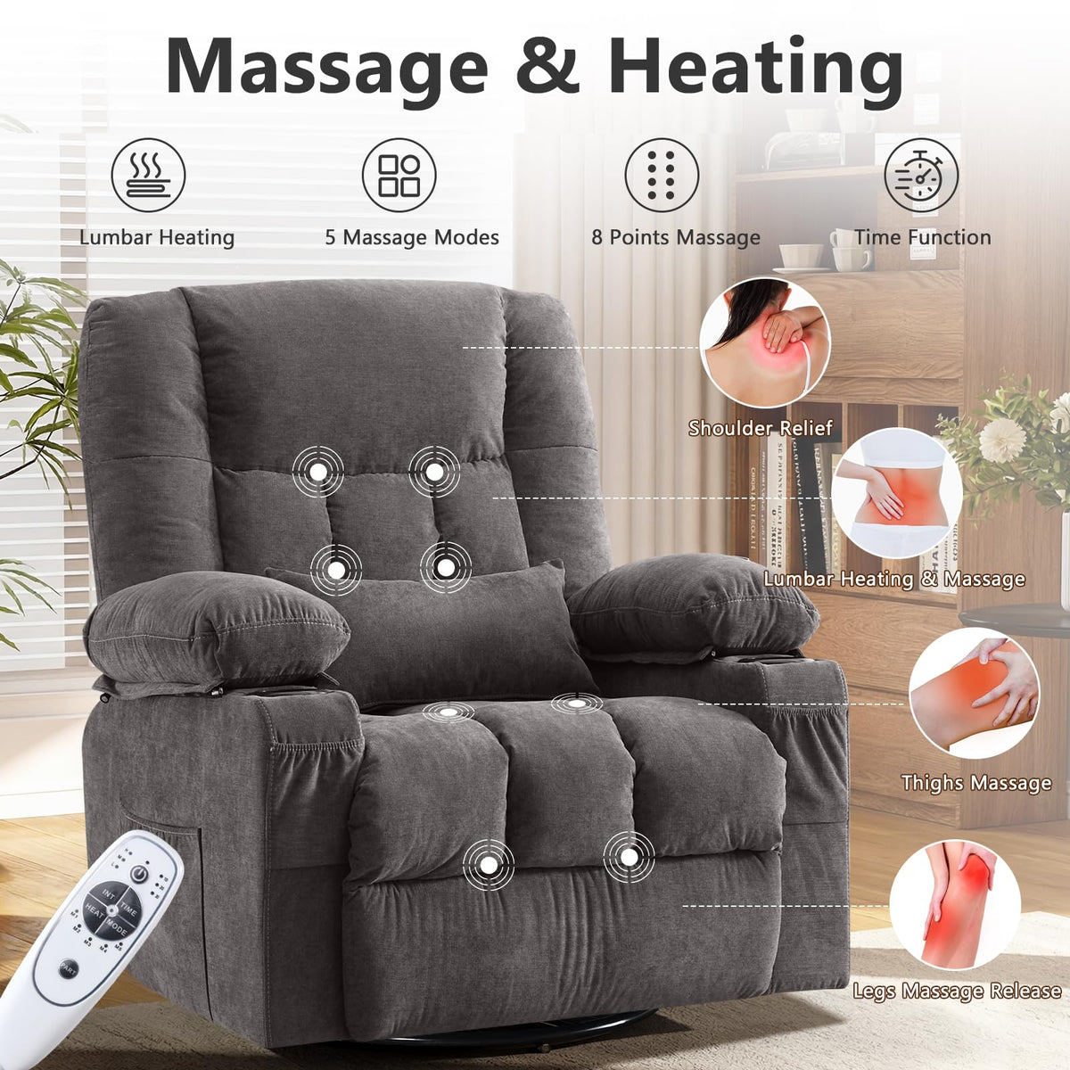 Swivel Rocker Recliner Chair with Massage and Heat N548635