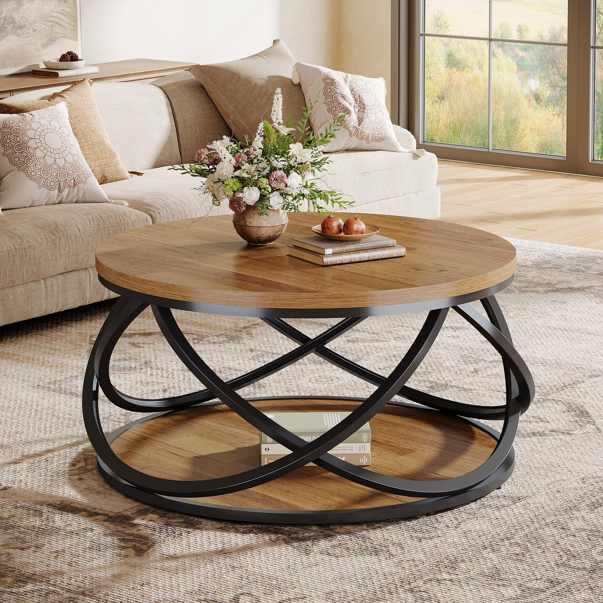 2-Tier Round Coffee Table with Storage Shelf D64084