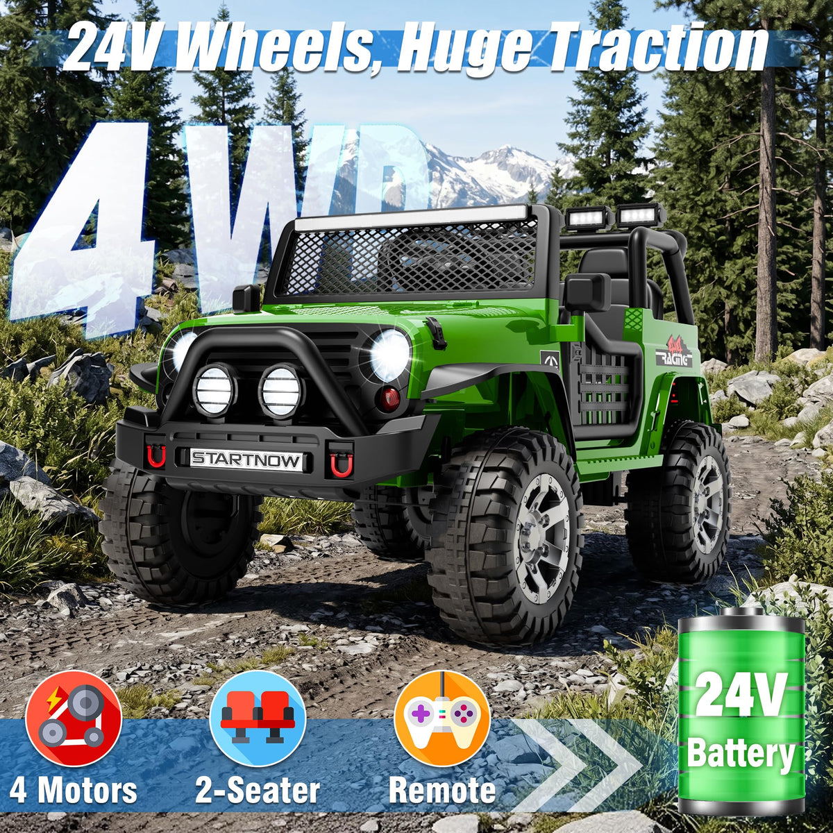 24V 4WD Ride on Truck Car with 800W Motors, Remote Control, 2 Seaters, Green E334119