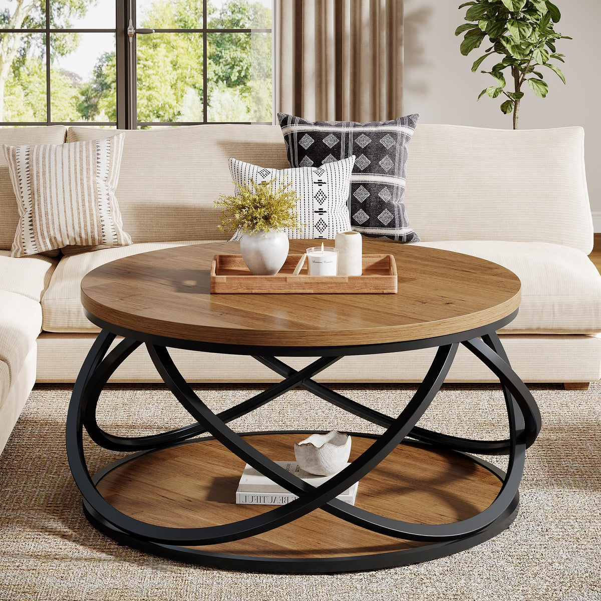 2-Tier Round Coffee Table with Storage Shelf D64084