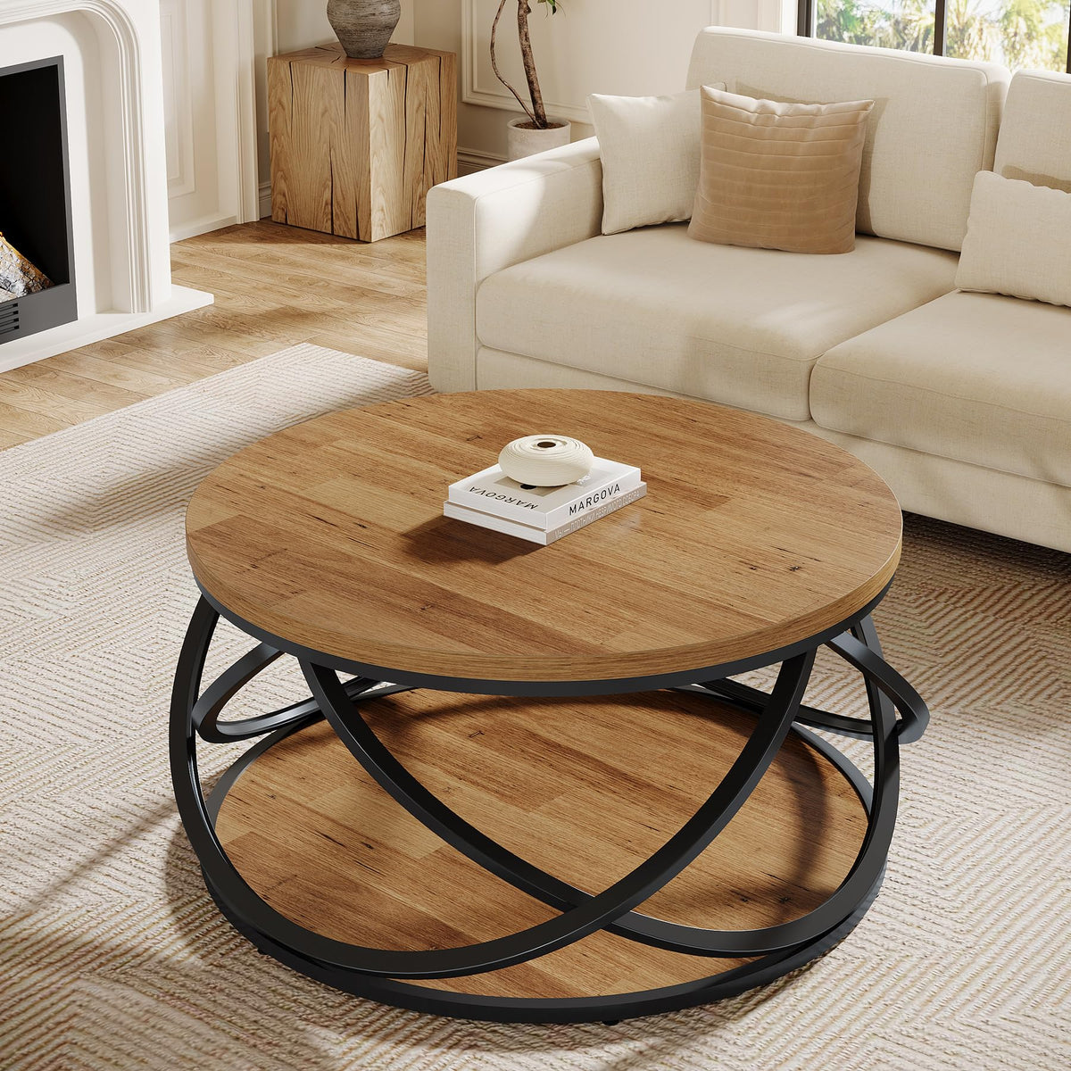 2-Tier Round Coffee Table with Storage Shelf D64084
