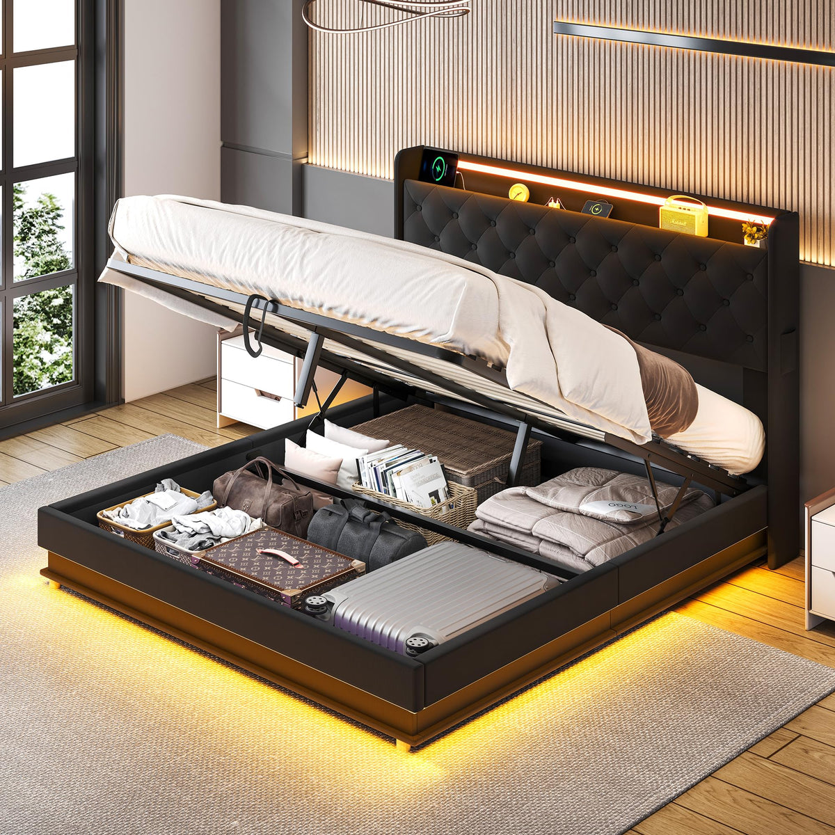 Queen Size Black Upholstered Lift Up Storage Bed Frame T430
